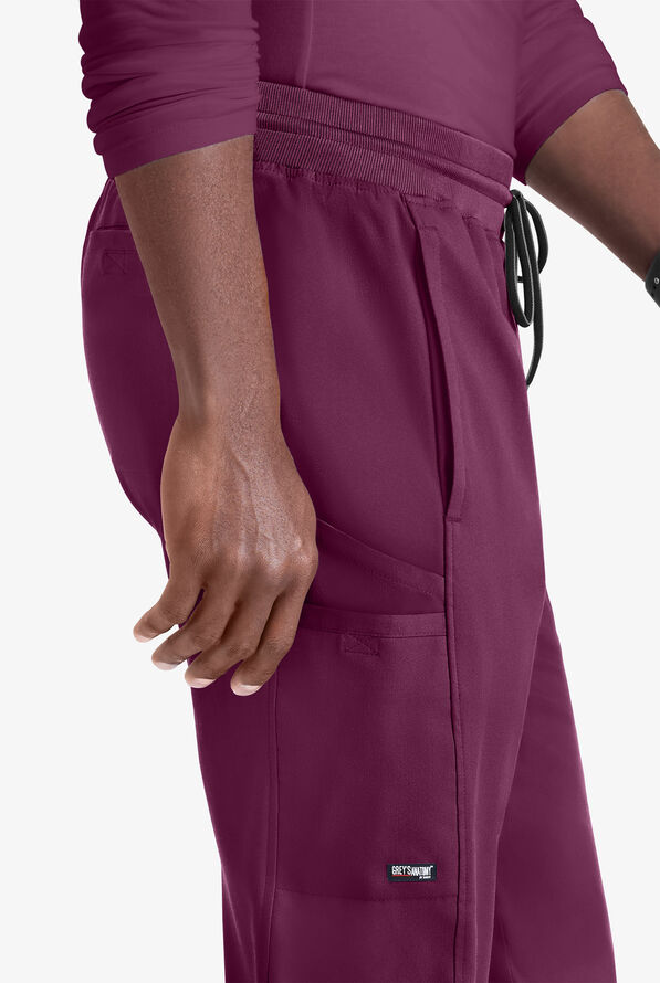 Grey's Anatomy by Barco Spandex STRETCH Hudson Men's 6-Pocket Slim Straight Cargo Scrub Pants - Wine - 3