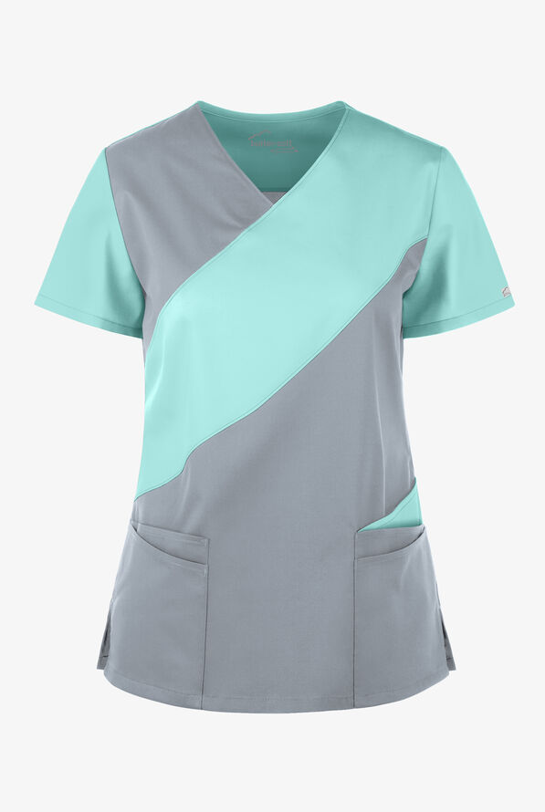 Blusa m&eacute;dica UA Butter-Soft STRETCH asim&eacute;trica con 5 bolsillos para mujer - Silver/Sea Frost - 1