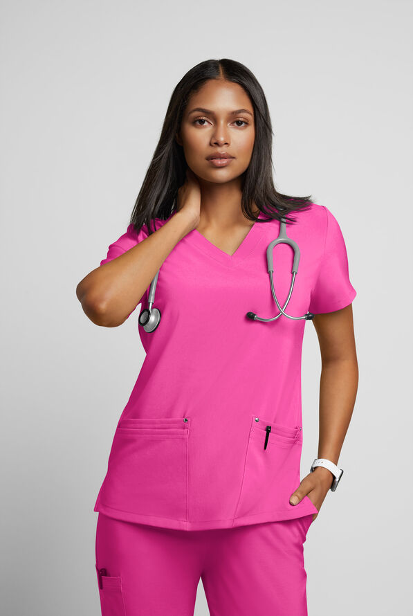 Easy STRETCH Lina Mitered Women's 4-Pocket V-Neck Scrub Top - Glam Pink - 2