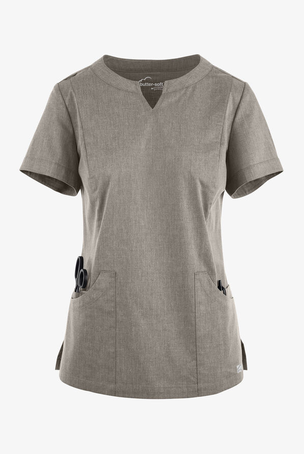 Butter-Soft STRETCH Women's 4-Pocket Notch Neck Scrub Top - Heather Grey - 1