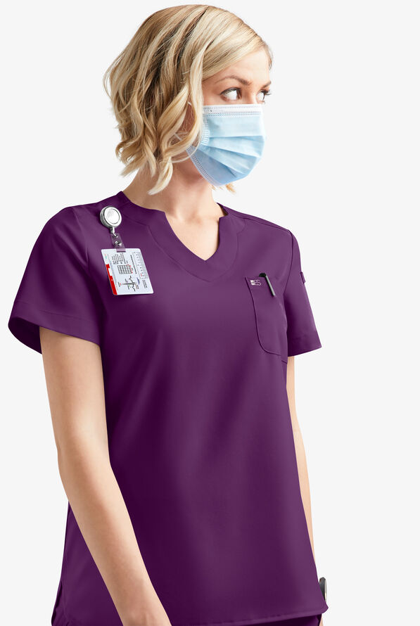 Easy STRETCH Nikki Women's 1-Pocket Scallop Neck Tuck-In Scrub Top - Eggplant - 7