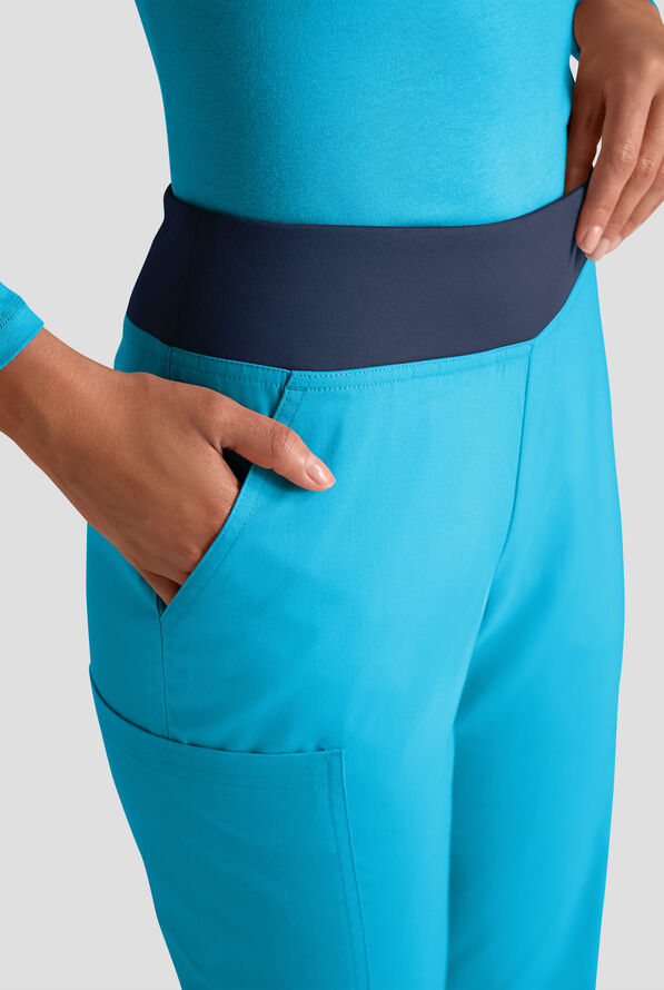 Butter-Soft STRETCH Women's 4-Pocket Knit Waistband Yoga Scrub Pants - Tall - Turquoise/Navy - 5