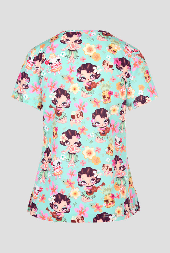Blusa médica estampada Planet koi Hula Lulu STRETCH con cuello en V y 1 bolsillo para mujer - null - 2