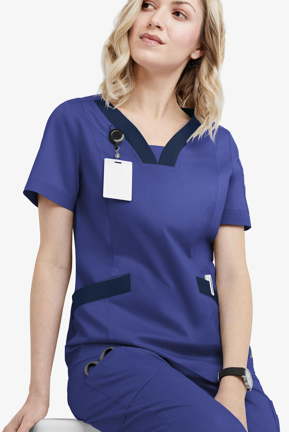 Butter-Soft STRETCH Women's 4-Pocket Feminine Curved V-Neck Scrub Top - Galaxy/Navy - 4