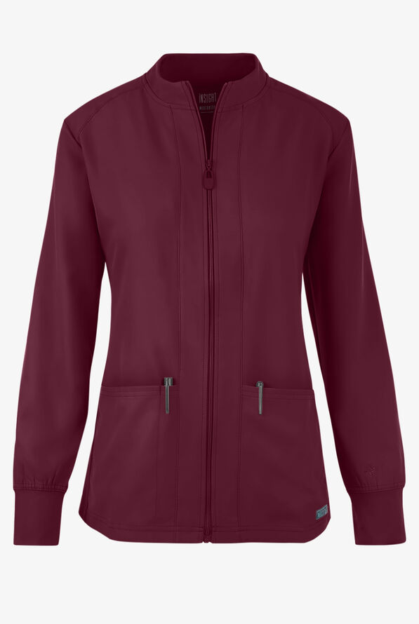 Med Couture Insight Women's 3-Pocket Zip Front Warm Up Scrub Jacket - Wine - 1