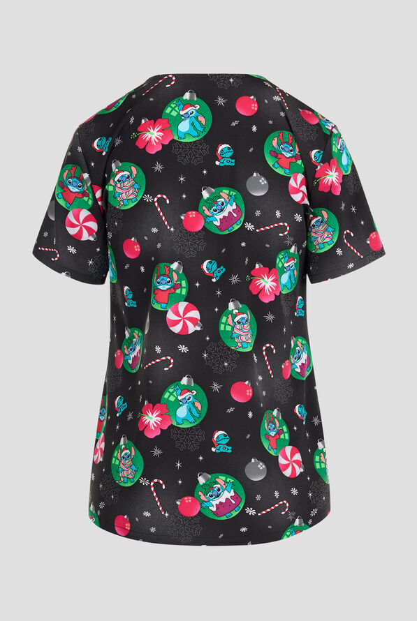 Tooniforms Disney's Baubles And Bulbs Women's 1-Pocket STRETCH V-Neck Print Scrub Top - null - 2