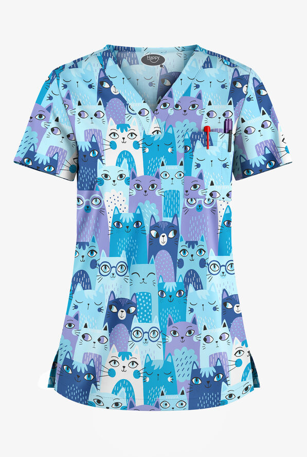 Blusa médica estampada Happy Scrubs Party Time Turquoise con cuello en V y 1 bolsillo para mujer - null - 1