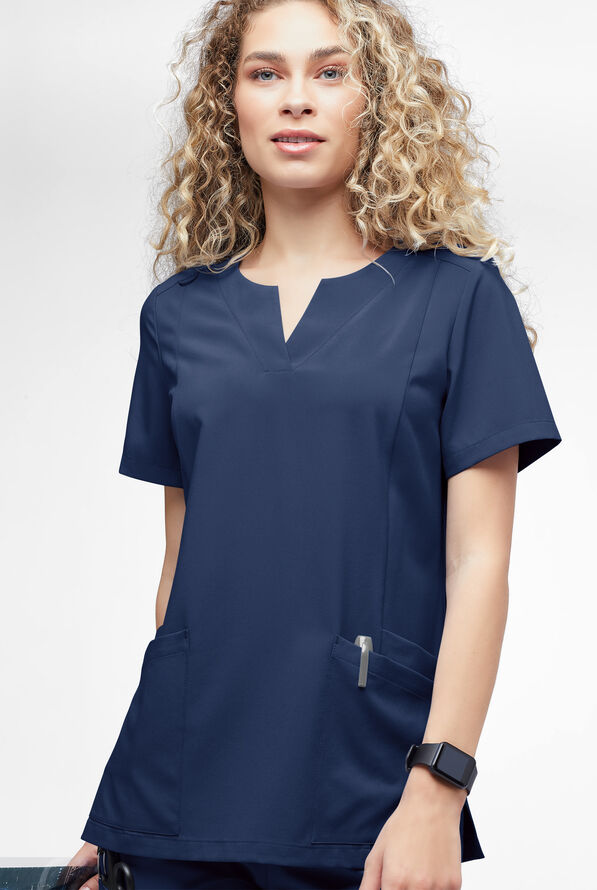 Easy STRETCH Chrisette Women's 4-Pocket with Feminine Neck Detail Scrub Top - Navy - 2