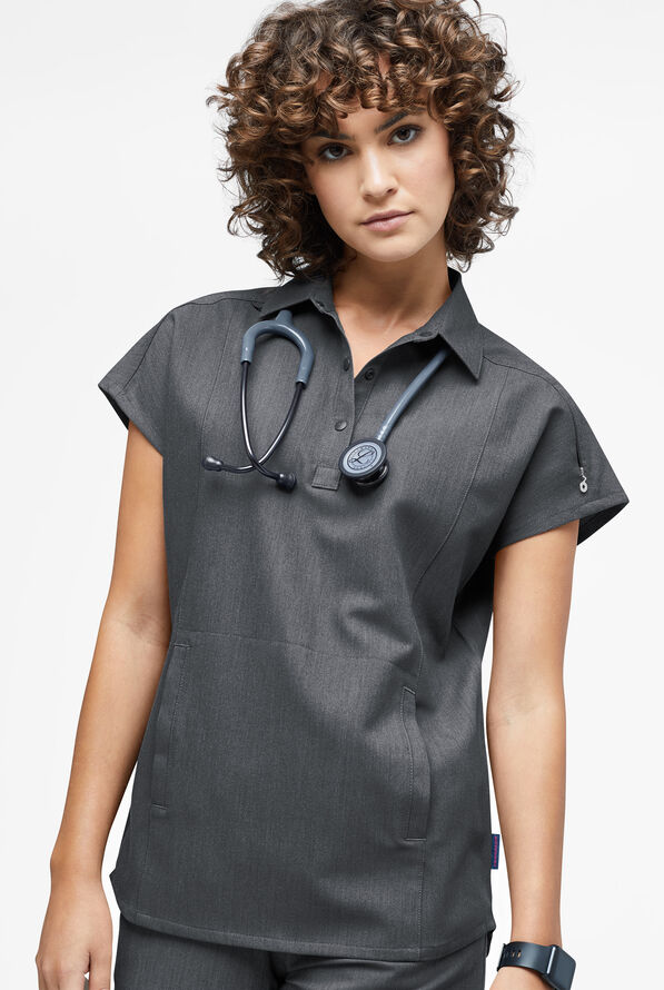 Movement by Butter-Soft Mintaka Women’s 4-Pocket Polo Collared Scrub Top - Charcoal Heather - 2