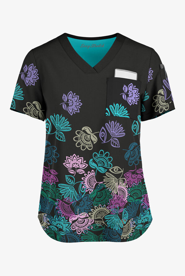 Easy STRETCH Folkloric Floral Women's 3-Pocket Tuck-In V-Neck Print Scrub Top - null - 1