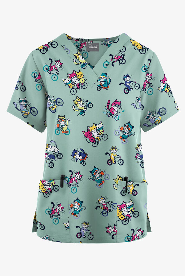 Butter-Soft Originals Meow On Wheels Salt Blue Women's 2-Pocket V-Neck Print Scrub Top - null - 1