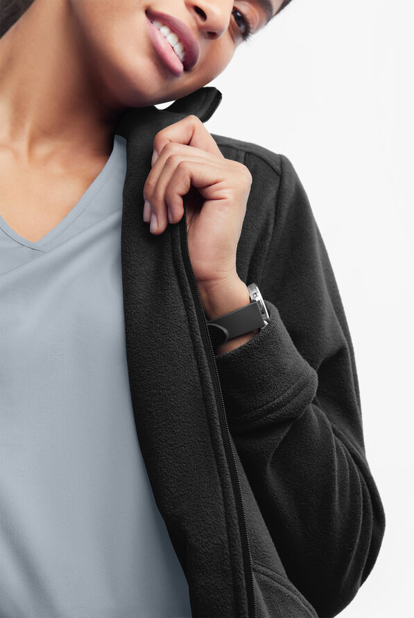 Butter-Soft STRETCH Women's 2-Pocket Zip Front Fleece Scrub Jacket - Black - 3
