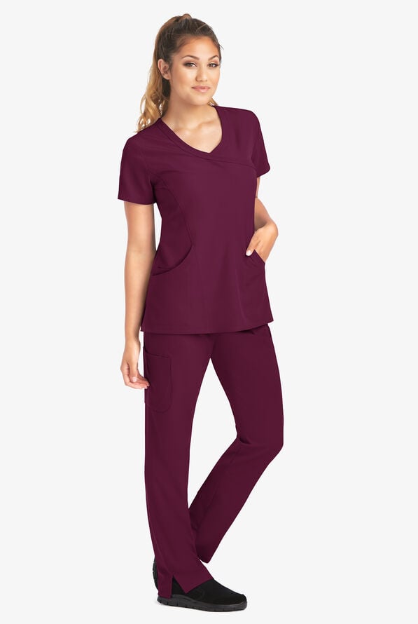 Skechers by Barco Reliance Women's 3-Pocket STRETCH Mock Wrap Scrub Top - Wine - 2