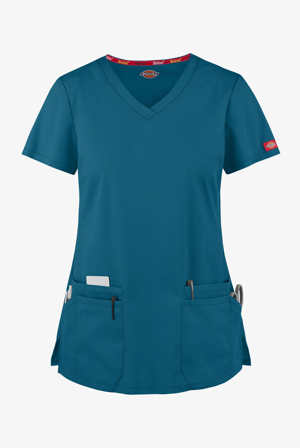 Blusa m&eacute;dica Dickies EDS Signature de corte contempor&aacute;neo con cuello en V y 6 bolsillos para mujer - Caribbean Blue - 1