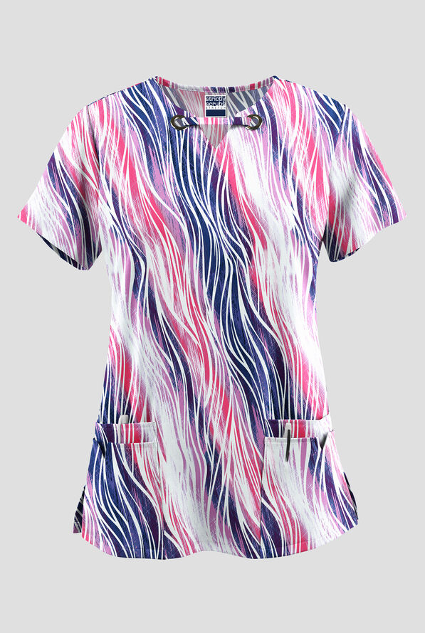 Strictly Scrubs STRETCH Water Waves Fuchsia Women’s 4-Pocket Grommet Neck Detail Print Scrub Top - null - 1