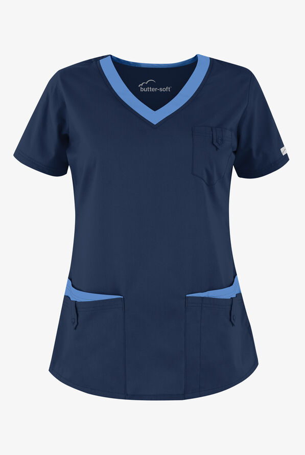 Butter-Soft Core Women's 5-Pocket Rounded V-Neck Scrub Top - Navy/Ceil - 1
