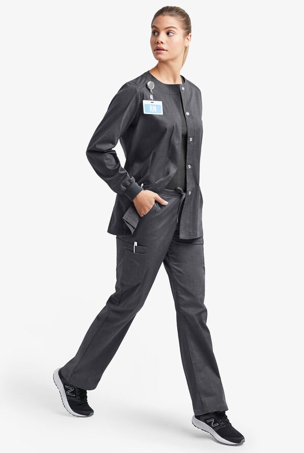 Butter-Soft STRETCH Women's 2-Pocket Long Sleeve Snap Front Scrub Jacket - Heather Charcoal - 2