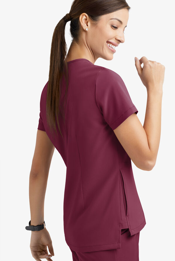 Easy STRETCH Taylor Women's 3-Pocket High Low Hem V-Neck Scrub Top - Wine - 5