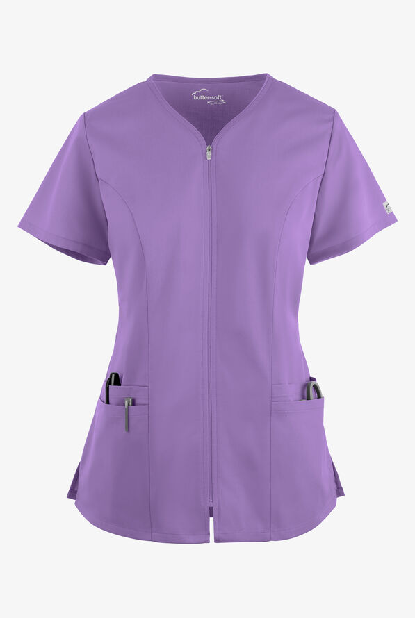 Butter-Soft STRETCH Women's 4-Pocket Smooth Face Zipper Scrub Top - Ultraviolet Light - 1