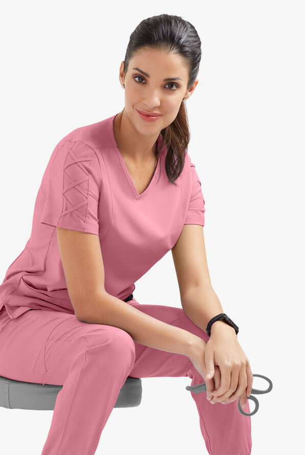 Blusa m&eacute;dica EASY STRETCH Kylie con detalle entrecruzado y 5 bolsillos para mujer - Cashmere Rose - 5