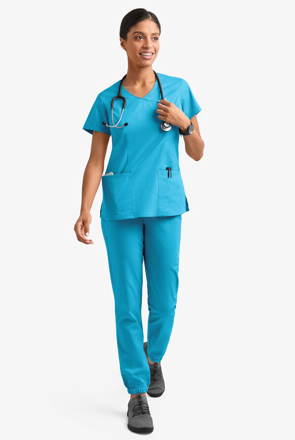 Butter-Soft STRETCH Women's 3-Pocket V-Neck Mock Wrap Scrub Top - Turquoise - 6