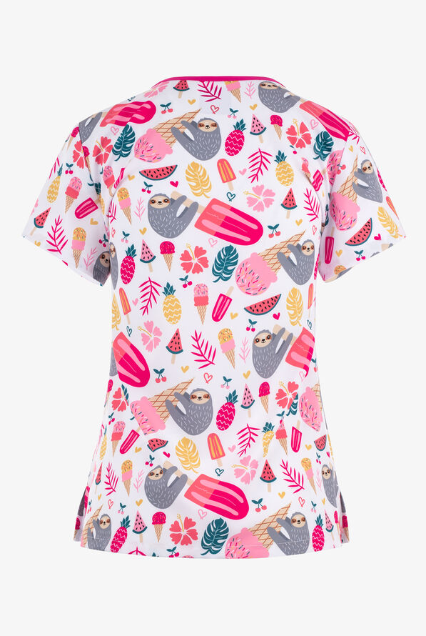 Med Couture Sloth Party Animal Women's 2-Pocket STRETCH V-Neck Print Scrub Top - null - 2