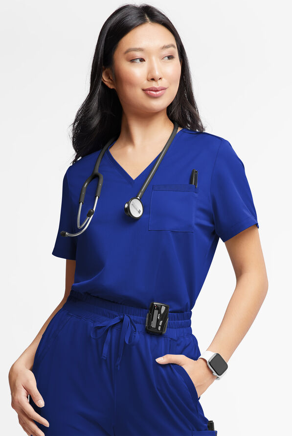 WhisperLite Zora Women's 2-Pocket Stretch V-Neck Tuck-in Scrub Top - Space Blue - 1