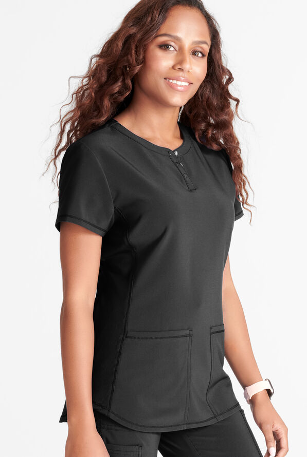 Cherokee Collection Women's 3-Pocket STRETCH Rib-Knit Side Snap Henley Scrub Top - Black - 2