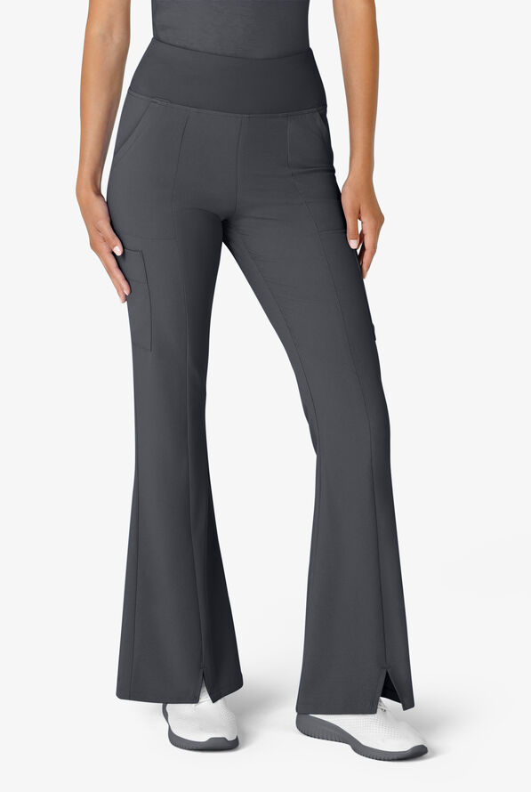 Wink Renew Women's 7-Pocket STRETCH Yoga Waist Flare Notch Leg Cargo Scrub Pants - Pewter - 1