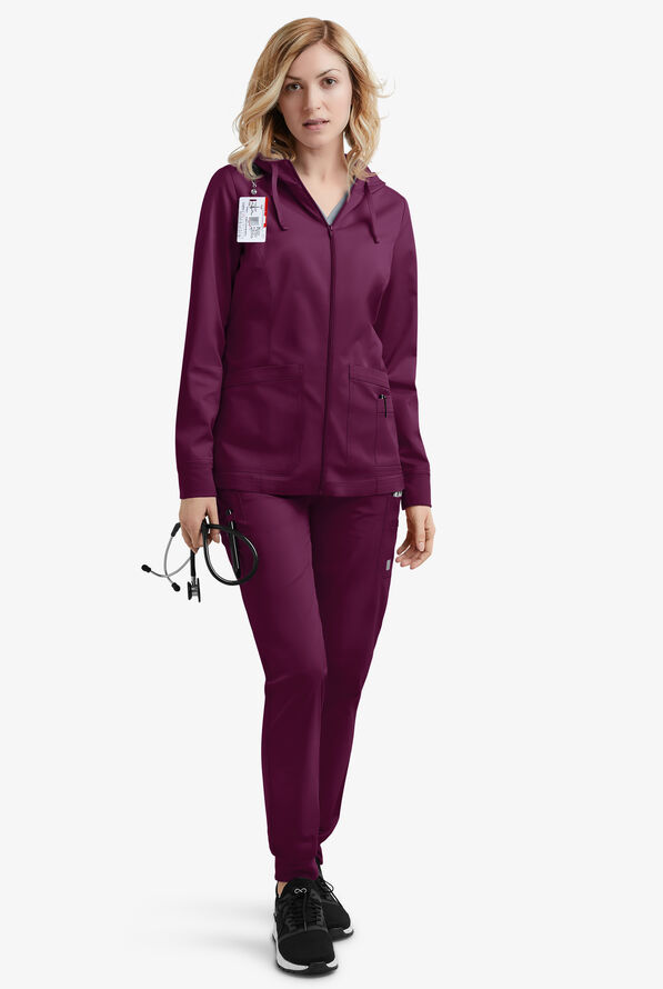 Butter-Soft STRETCH Women's 3-Pocket Zip-Front with Cozy Knit Hood and Trim Scrub Jacket - Wine - 2