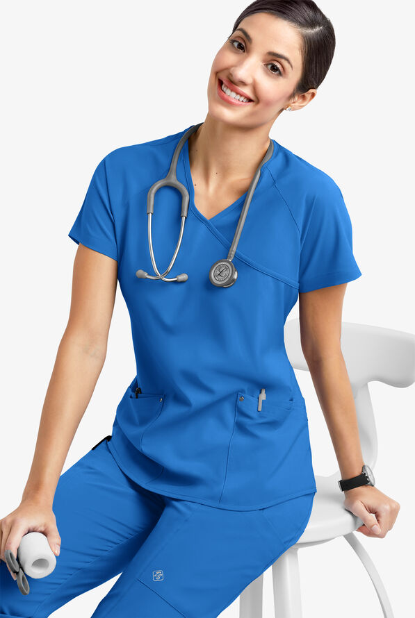 Easy STRETCH Cara Women's 4-Pocket Raglan Scrub Top - Cerulean - 6