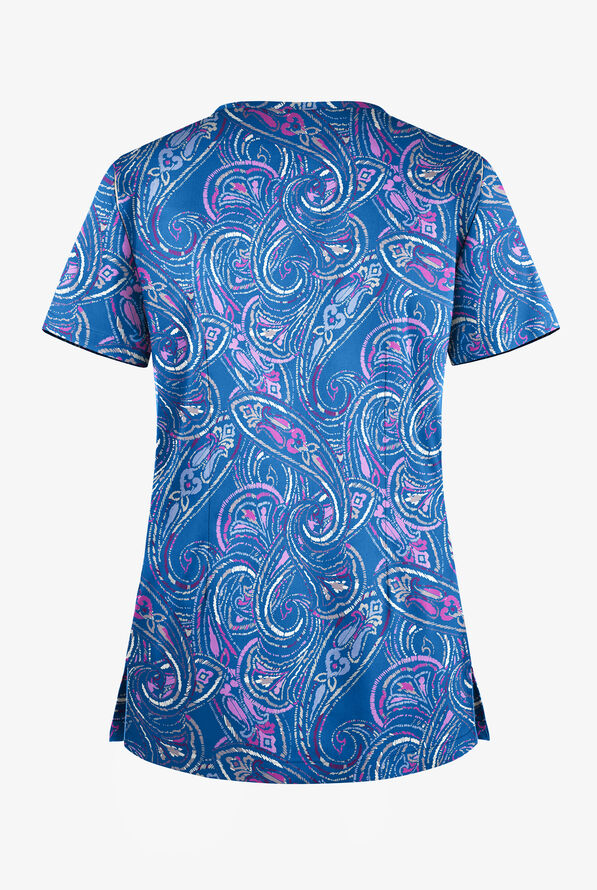 Butter-Soft Elegant Paisley Royal Women's 1-Pocket V-Neck Tuck-In Print Scrub Top - null - 2
