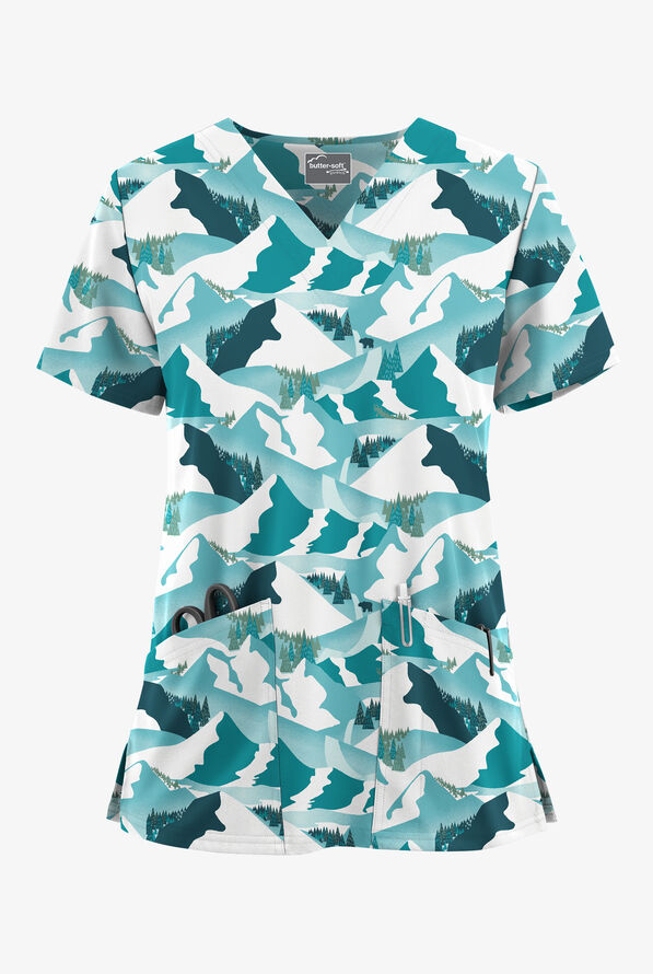 Blusa médica estampada Butter-Soft STRETCH Vail Valley Caribbean Blue con cuello en V y 2 bolsillos para mujer - null - 1