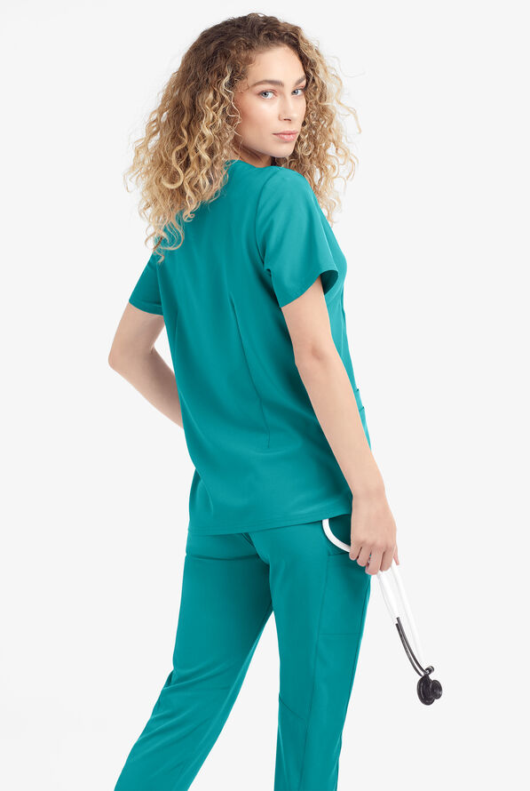 Easy STRETCH Arianna Women's 4-Pocket Curved Neck Scrub Top - Teal - 3