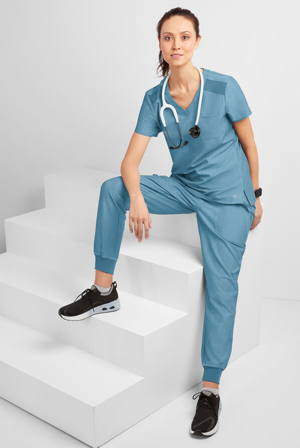 Med Couture Touch Women's 1-Pocket STRETCH Tuck In V-Neck Scrub Top - Blue Jean Baby - 3