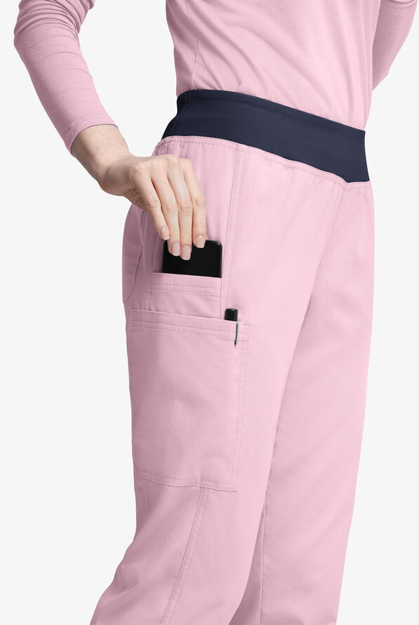 Butter-Soft Originals Women's 5-Pocket Mid Rise Tapered Leg Yoga-inspired Scrub Pants - Rose Quartz/Navy - 2