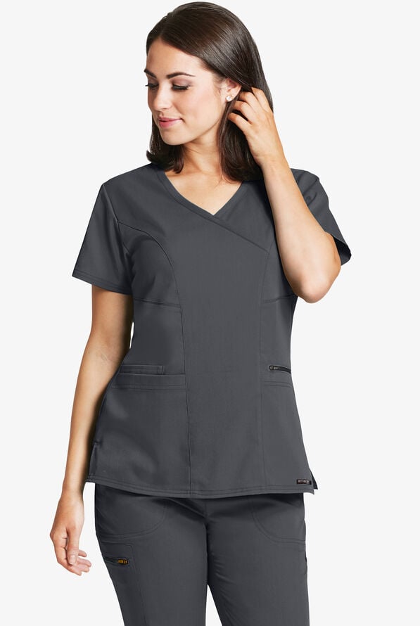 Grey's Anatomy by Barco Spandex STRETCH Kim Women's 3-Pocket Mock Wrap Scrub Top - Steel Gray - 2