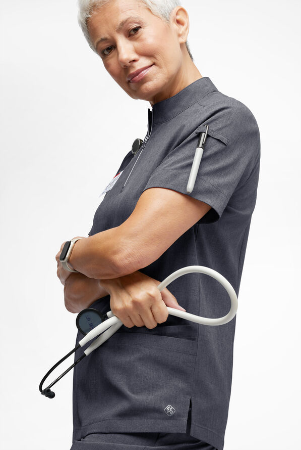 Easy STRETCH Jen Women's 4-Pocket Zip-Neck Short Sleeve Scrub Top - Charcoal Heather - 3