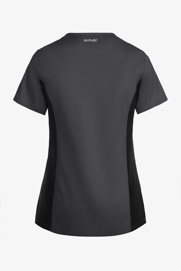 Blusa m&eacute;dica UA Flex2 STRETCH con cuello en V y paneles de tejido para mujer - Pewter/Black - 4