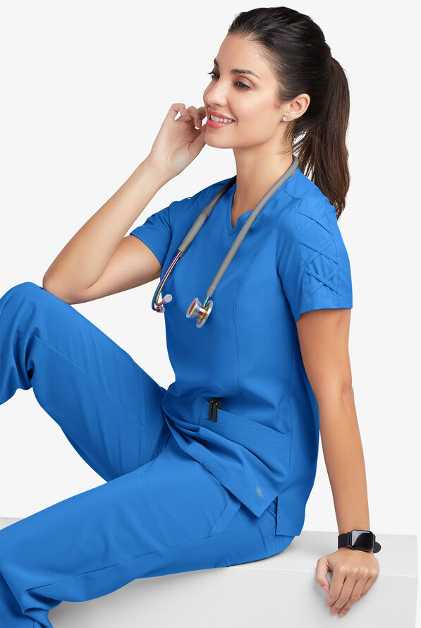 Easy STRETCH Kylie Woman's 5 Pocket V-Neck With Criss-Cross Detail Scrub Top - Cerulean - 8
