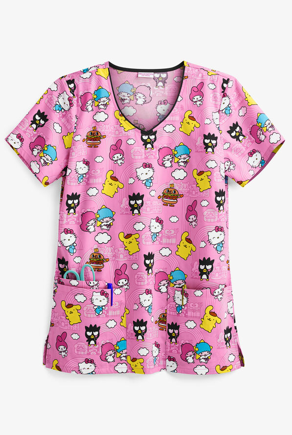 Cherokee Tooniforms Hello Kitty Hello Sanrio Town Women's 3-Pocket V-Neck Print Scrub Top - null - 1