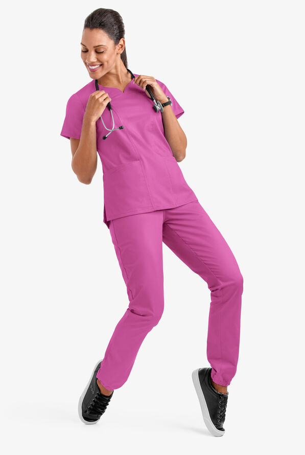 Butter-Soft STRETCH Women's 4-Pocket Sweetheart Neck Scrub Top - Rosebud - 3