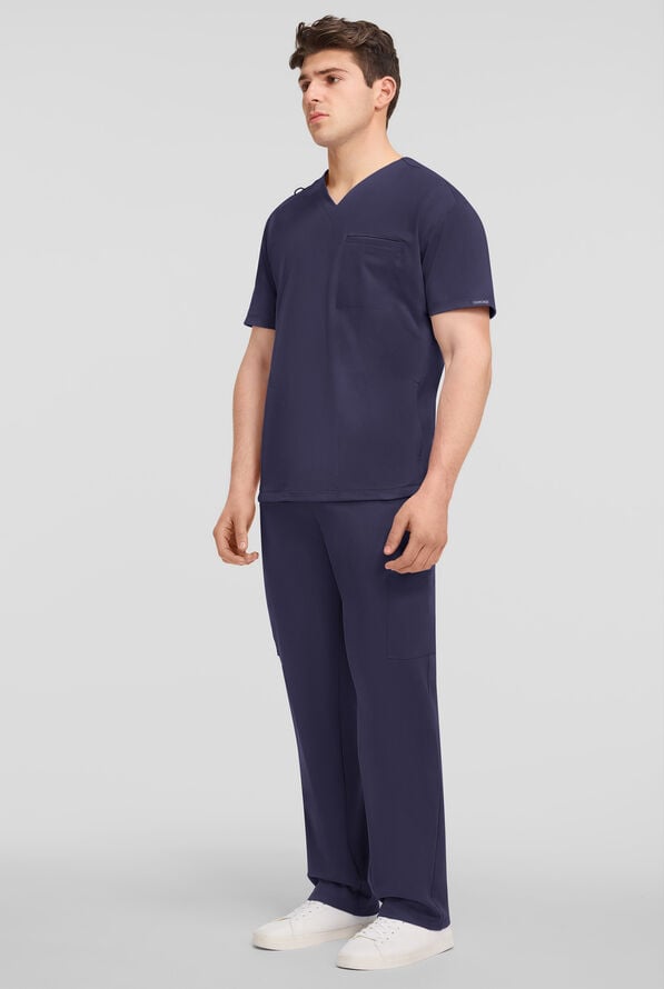 Cherokee Achieve Men's 3-Pocket STRETCH Relaxed V-Neck Knit Scrub Top - Navy - 4