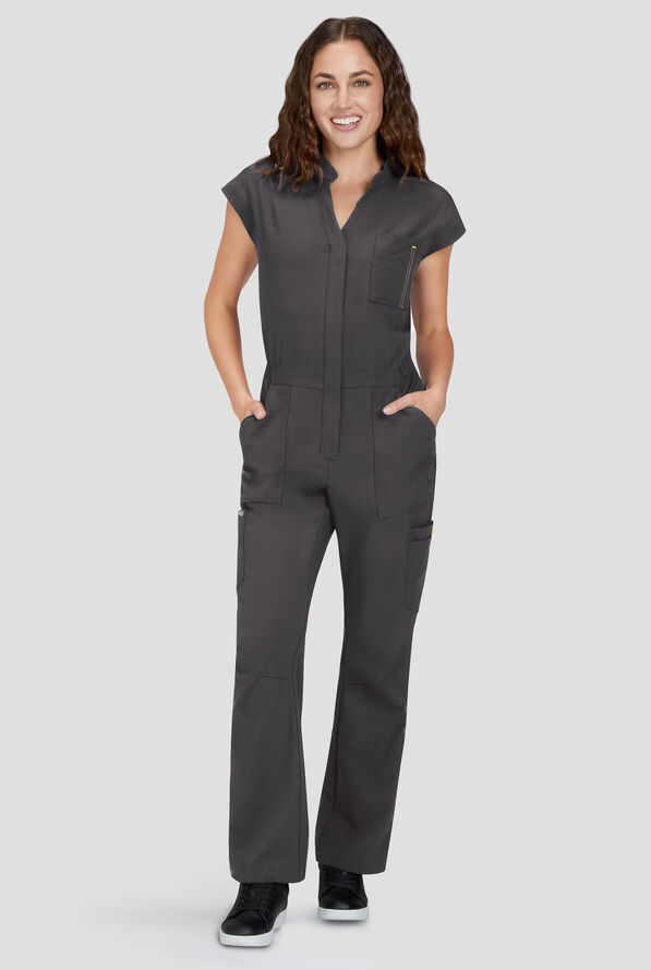 koi Solis Anja Women's 9-Pocket STRETCH Zip Front Dolman Sleeve Scrub Jumpsuit - Petite - Charcoal - 1