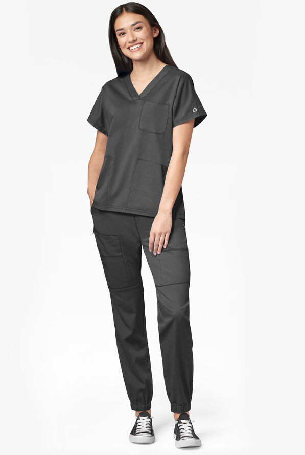 WonderWink PRO Women's 8-Pocket STRETCH Elastic Waist Cargo Jogger Scrub Pants - Petite - Black - 2