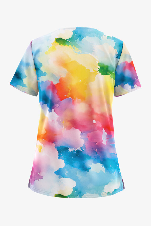 Easy STRETCH Vibrant Clouds Royal Leaf Women's V-Neck 2 Pocket Top - null - 2
