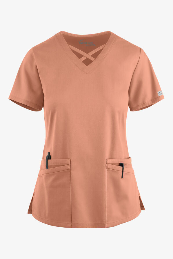 Butter-Soft STRETCH Women's 4-Pocket Crisscross Scrub Top - Terracotta - 1