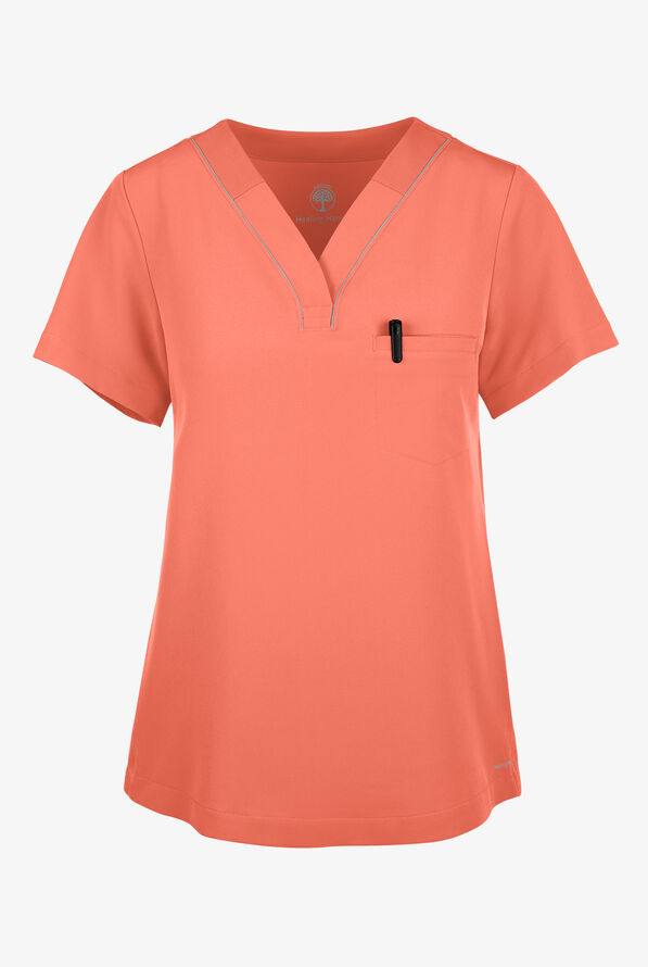 360 by Healing Hands Stella Women's 1-Pocket STRETCH Side Snap V-Neck Scrub Top - Burnt Coral - 1