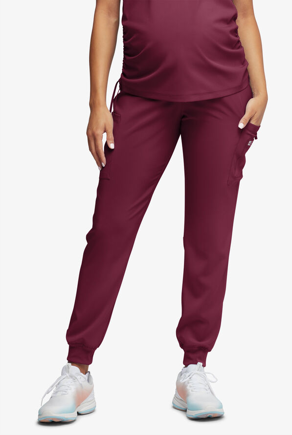 Easy STRETCH Chrissy Women's Maternity 4-Pocket Tapered Leg Jogger Scrub Pants - Wine - 1