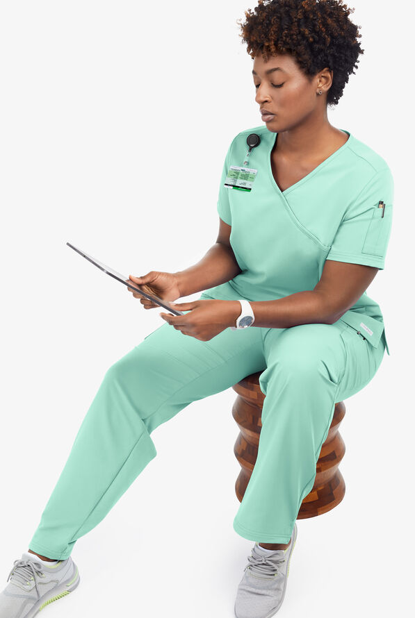 Butter-Soft Women's 5-Pockets Faux Wrap Scrub Top **Slightly IRREGULAR** - Beachside Blue - 7